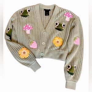 Frog Mushroom Strawberry Crop Cardigan Sweater Size Small